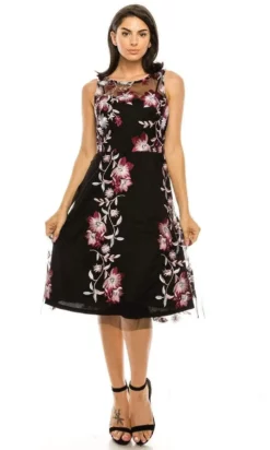 SD Collection - 13640 Illusion Neck Floral Embroidered A-Line Dress