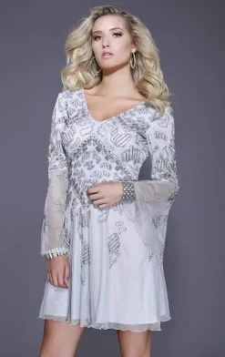 Shail K - 21206 Beaded V Neck Long Sleeves Dress