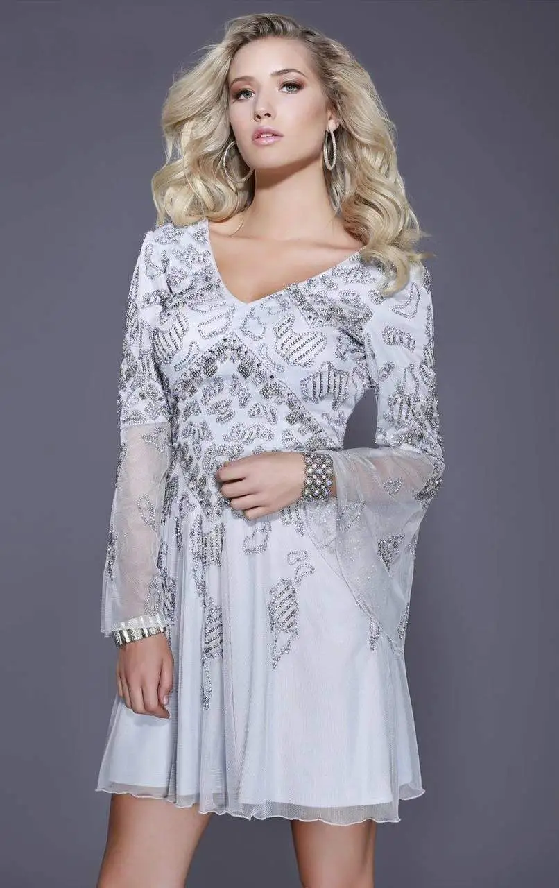 Shail K - 21206 Beaded V Neck Long Sleeves Dress 1 Shail K - 21206 Beaded V Neck Long Sleeves Dress
