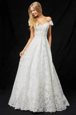 Sherri Hill - 51573 Off-Shoulder Cap Sleeve Lace Long Dress