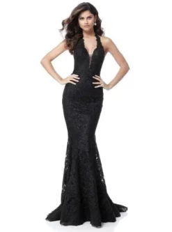 Sherri Hill - 51616 Deep Halter Metallic Lace Mermaid Gown 10 Sherri Hill - 51616 Deep Halter Metallic Lace Mermaid Gown -Hot Sale WEDDING Store sherri hill 51616 deep halter metallic lace mermaid gown evening dresses 00 black 12025708118099