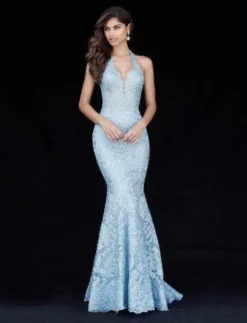 Sherri Hill - 51616 Deep Halter Metallic Lace Mermaid Gown 12 Sherri Hill - 51616 Deep Halter Metallic Lace Mermaid Gown -Hot Sale WEDDING Store sherri hill 51616 deep halter metallic lace mermaid gown evening dresses 00 light blue 12025709592659