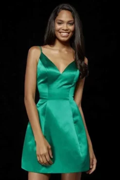 Sherri Hill - 52111 Spaghetti Straps V Neck Short Satin Dress -Hot Sale WEDDING Store sherri hill 52111 spaghetti straps v neck short satin dress party dresses 00 emerald 12017428234323