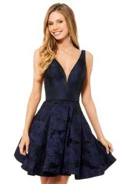 Sherri Hill - 52177 Deep V-neck Short Brocade A-line Dress -Hot Sale WEDDING Store sherri hill 52177 deep v neck short brocade a line dress special occasion dress 00 black navy 11826297372755 scaled