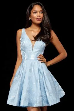 Sherri Hill - 52177 Deep V-neck Short Brocade A-line Dress -Hot Sale WEDDING Store sherri hill 52177 deep v neck short brocade a line dress special occasion dress 00 light blue 11826294882387 scaled