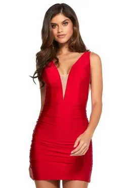 Sherri Hill - 53082 Short Deep V-neck Ruched Sheath Dress -Hot Sale WEDDING Store sherri hill 53082 short deep v neck ruched sheath dress special occasion dress 00 ruby 28017070014547 scaled