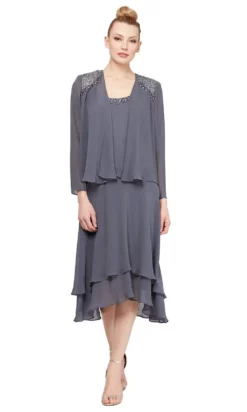 SLNY - 116184 Bejeweled Scoop Neck Chiffon Dress With Jacket -Hot Sale WEDDING Store slny 116184 bejeweled scoop neck chiffon dress with jacket wedding guest 8 steel 28818744901715