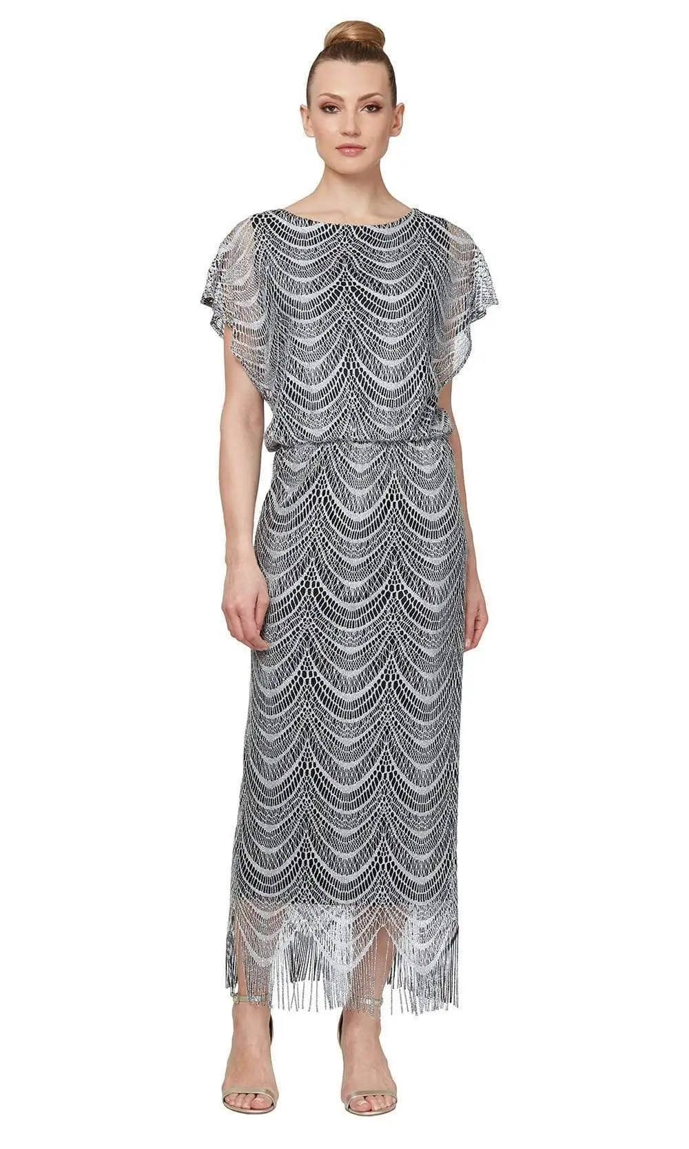 SLNY - 195173 Flutter Sleeve Fringed Crochet Dress 3 SLNY - 195173 Flutter Sleeve Fringed Crochet Dress - Image 3