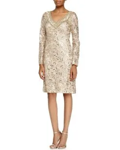 Sue Wong Sequined Paisley V-Neck Cocktail Dress N5115 - 2 Pcs Beige In Sizes 0 And 8 Available