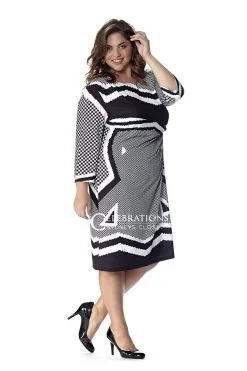 Sydney's Closet - CE1515 Plus Size Dress In Black/Cream Print