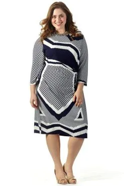 Sydney's Closet - CE1515 Plus Size Dress In Navy/Cream Print