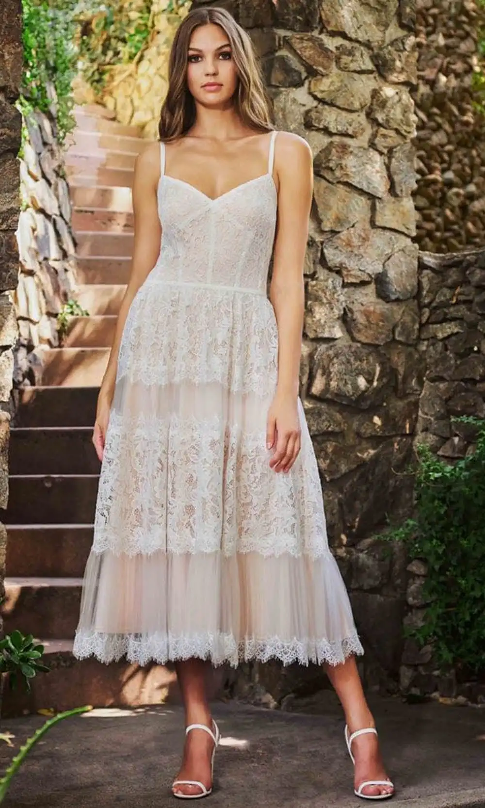 Tadashi Shoji BQJ18619MD - Spaghetti Strap Tea Length Lace Dress 1 Tadashi Shoji BQJ18619MD - Spaghetti Strap Tea Length Lace Dress