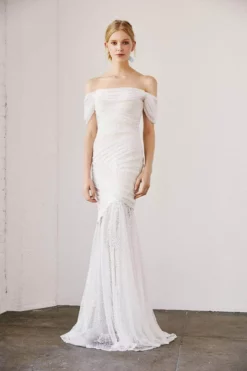 Tadashi Shoji - Off Shoulder Bridal Gown BGB19147LBR - 1 Pc Ivory/Petal In Size 10 Available -Hot Sale WEDDING Store tadashi shoji off shoulder bridal gown bgb19147lbr 1 pc ivory petal in size 10 available wedding dresses 10 ivory petal 32357190893651