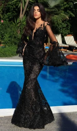 Tarik Ediz - 50407 Floral Lace Long Bell Sleeve Mermaid Dress -Hot Sale WEDDING Store tarik ediz 50407 floral lace long bell sleeve mermaid dress wedding dresses 2 black 6982463127635