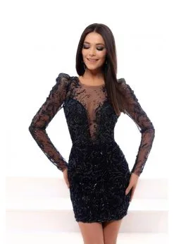 Tarik Ediz - 93497 Puffed Long Sleeved Beaded Cocktail Dress