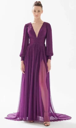 Tarik Ediz 98229 - Bishop Sleeve Pleated Evening Gown -Hot Sale WEDDING Store tarik ediz 98229 bishop sleeve pleated evening gown evening dresses 00 plum 31448231772243