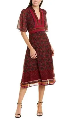 Taylor 1575M - Collared V-Neck Short Sleeved Printed Chiffon Dress