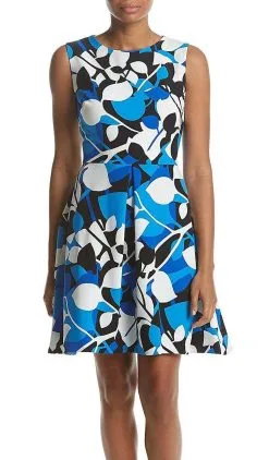 Taylor - 9612MJ Printed Jewel Neck Pleated A-line Dress