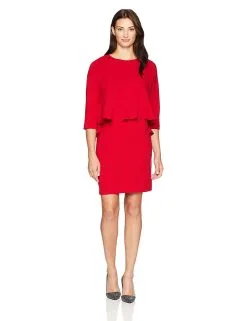 Taylor - 9859M Quarter Sleeve Ruffle-Trimmed Popover Dress