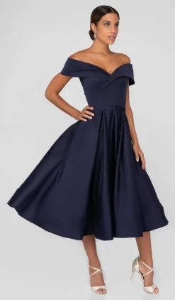 Terani Couture - 1912C9656 Off-Shoulder Tea Length A-line Dress -Hot Sale WEDDING Store terani couture 1912c9656 off shoulder tea length a line dress homecoming dresses 0 navy 6932322746451