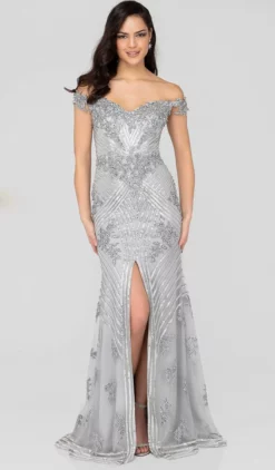 Terani Couture - 1912GL9572 Sparkling Off Shoulder Slit Evening Gown -Hot Sale WEDDING Store terani couture 1912gl9572 sparkling off shoulder slit evening gown evening dresses 0 silver 28828423094355