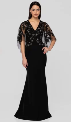 Terani Couture - 1912M9350 Floral Applique Plunging Neck Trumpet Dress