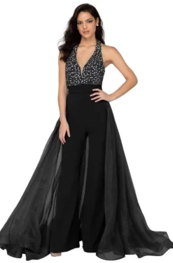 Terani Couture - 1912P8208 Beaded Plunge Sheer Overskirt Jumpsuit -Hot Sale WEDDING Store terani couture 1912p8208 beaded plunge sheer overskirt jumpsuit prom dresses 0 black 28110089289811