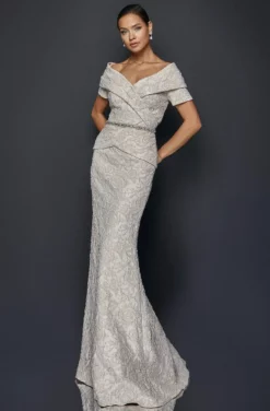 Terani Couture - 1921M0727 Off Shoulder V Neck Beaded Belt Sheath Gown