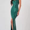 Terani Couture - 2021M2980 Sequined V Neck Long Sheath Dress