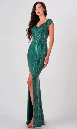 Terani Couture - 2021M2980 Sequined V Neck Long Sheath Dress