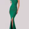 Terani Couture - 2111M5261 Applique Wide V Neck Trumpet Dress