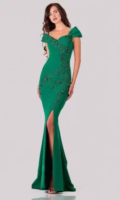 Terani Couture - 2111M5261 Applique Wide V Neck Trumpet Dress