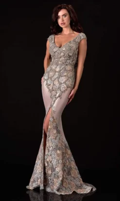 Terani Couture - 2111M5302 Floral Embroidered Trumpet Dress With Slit