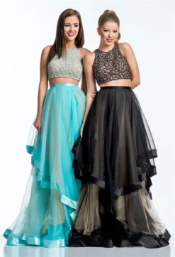 Terani Couture - Beaded Crop Top And Ruffled Mesh Skirt Long Gown Ensemble 151P0102A -Hot Sale WEDDING Store terani couture beaded crop top and ruffled mesh skirt long gown ensemble 151p0102a special occasion dress 00 black nude 5521657331769