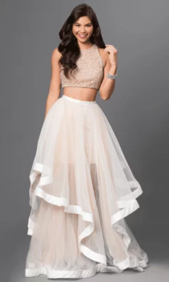 Terani Couture - Beaded Crop Top And Ruffled Mesh Skirt Long Gown Ensemble 151P0102A