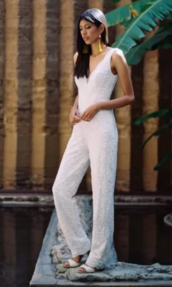 Wilderly Bride By Allure Bridals - Plunging Bodice Lace Bridal Jumpsuit - 1 Pc Almond/Champagne/Ivory In Size 10 Available