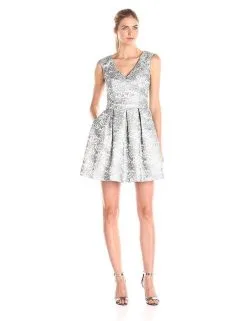 Aidan Mattox 151A11590 Metallic Jacquard Cocktail Dress - 1 Pc. Silver In Size 2 Available