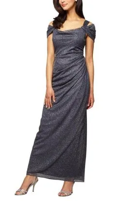 Alex Evenings - Draped Glitter Sheath Evening Dress 233026 - 1 Pc Smoke In Size 14P Available