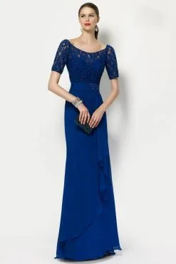 Alyce Paris 27135 Short Sleeve Illusion Bateau Cascading Ruffle Gown