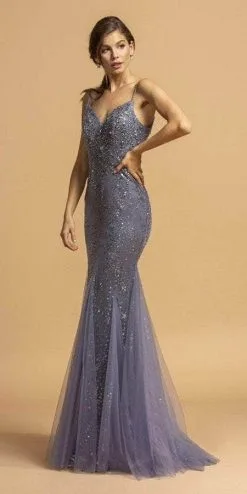 Aspeed Design - Spaghetti Strap Beaded Evening Dress L2202 - 1 Pc Burgundy In Size XS Available