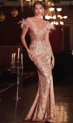 Cinderella Divine - Feathered Trumpet Evening Gown J824
