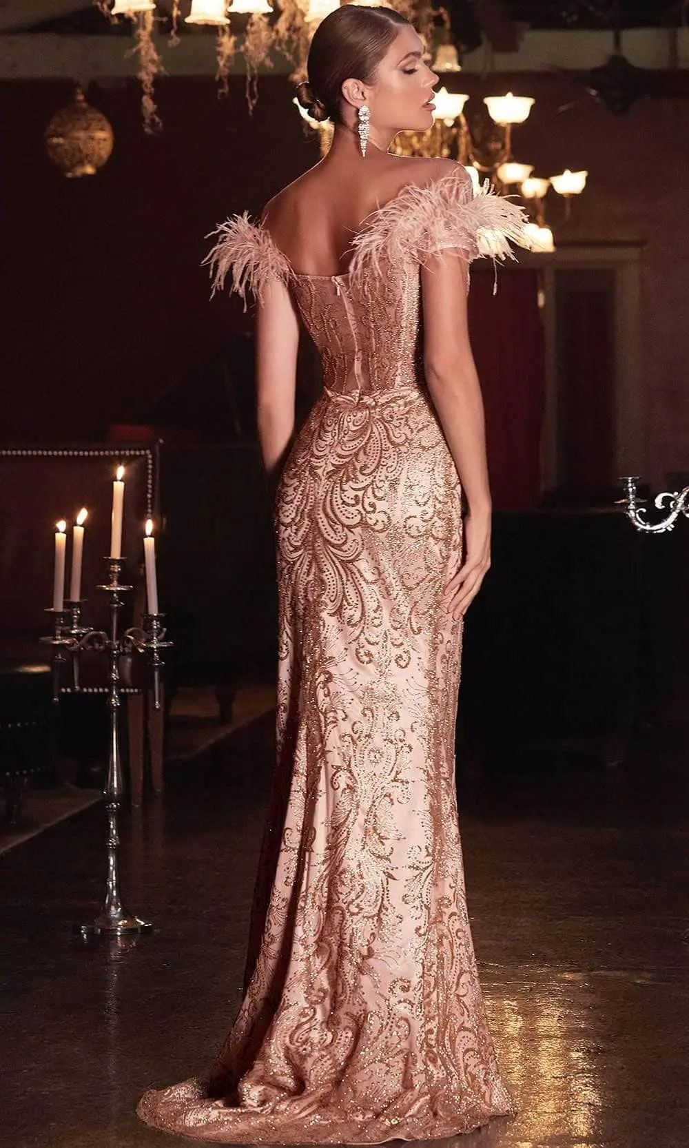 Cinderella Divine - Feathered Trumpet Evening Gown J824 2 Cinderella Divine - Feathered Trumpet Evening Gown J824 - Image 2