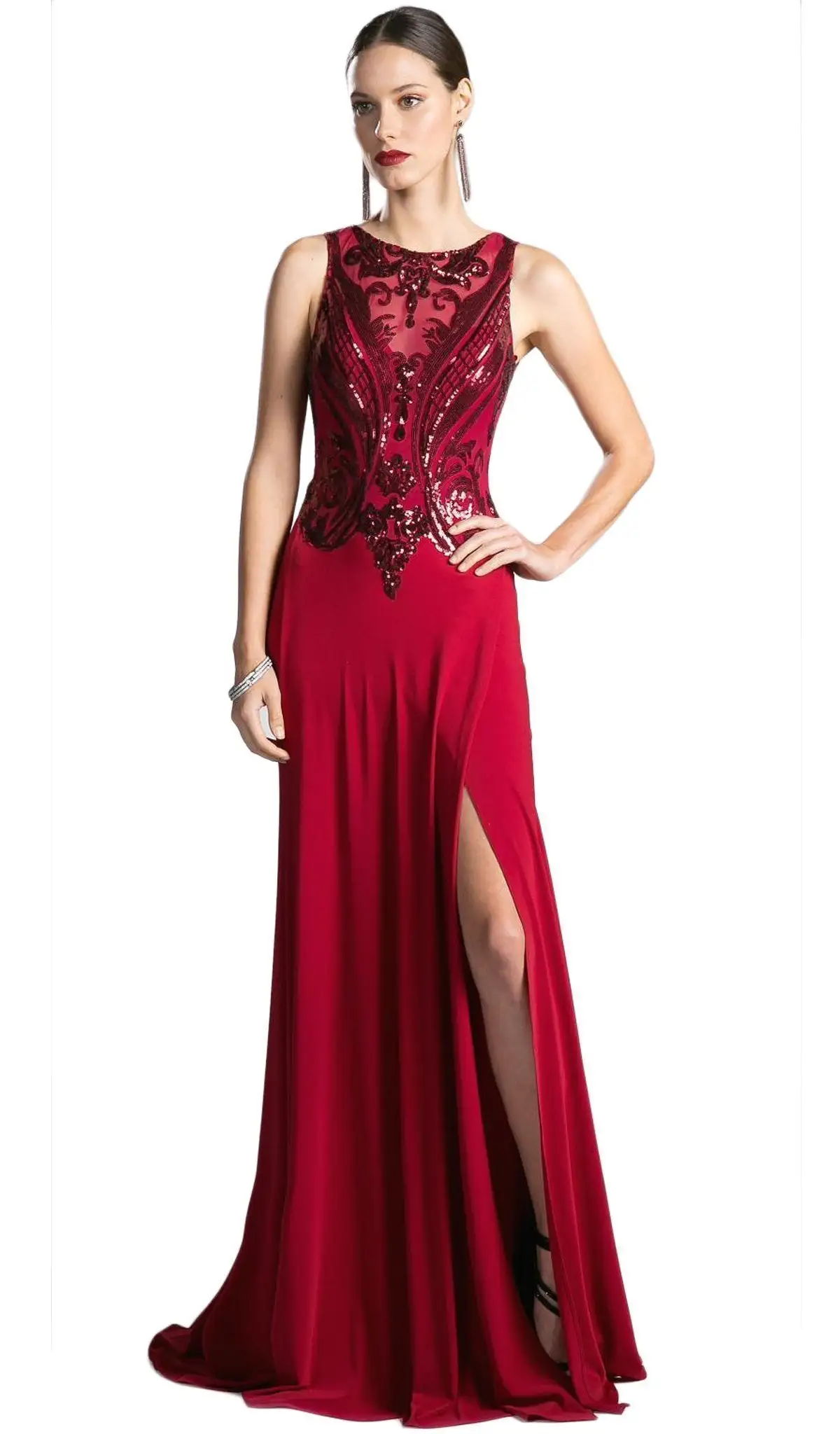 Cinderella Divine - Sequined Sleeveless Sheath Evening Gown With Slit 1 Cinderella Divine - Sequined Sleeveless Sheath Evening Gown With Slit