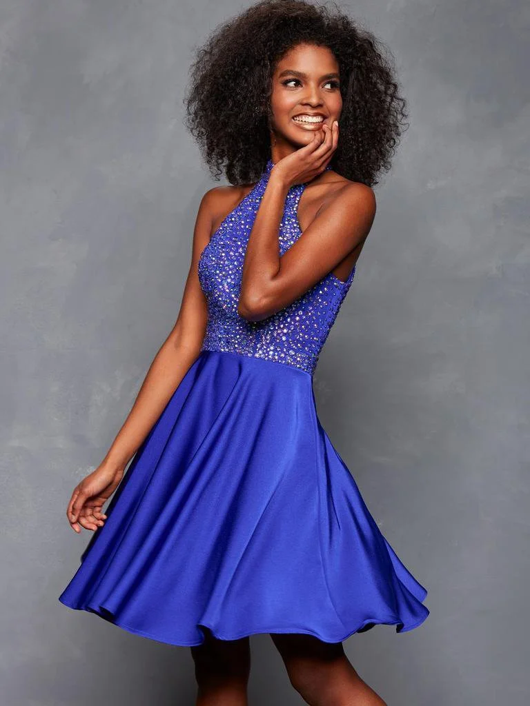 Clarisse - 3645 Beaded High Halter Satin A-line Dress 1 Clarisse - 3645 Beaded High Halter Satin A-line Dress