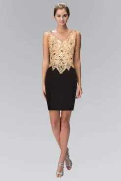 Elizabeth K - GS1463 V-Neck Embellished Sheath Cocktail Dress