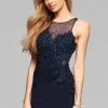Faviana - S7885 Short Neoprene Cocktail Dress With Beaded Lace Applique And Illusion Bodice