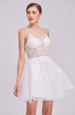 J'Adore Dresses - J16082 Plunging V-Neck Lace A-Line Short Dress