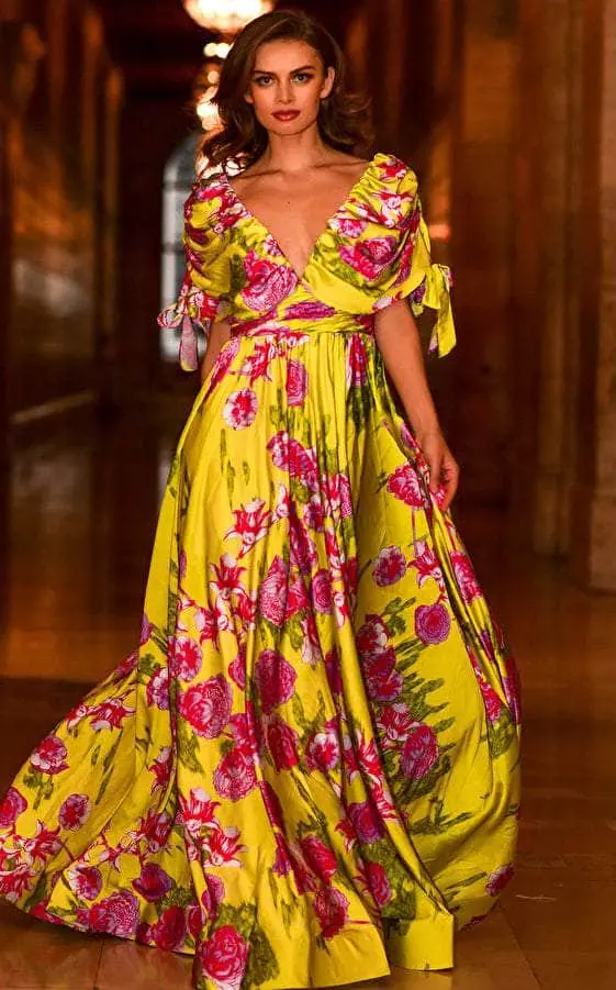 Jovani - 04176 Ruched Sleeve Printed Flowy Dress 4 Jovani - 04176 Ruched Sleeve Printed Flowy Dress - Image 4