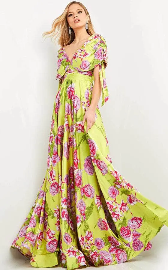 Jovani - 04176 Ruched Sleeve Printed Flowy Dress 5 Jovani - 04176 Ruched Sleeve Printed Flowy Dress - Image 5