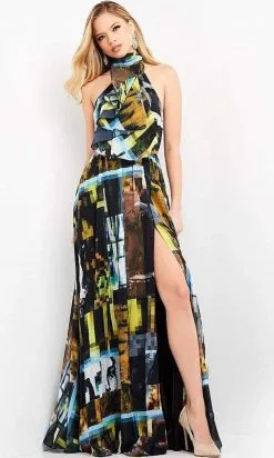 Jovani - M1882 Scarf Styled Neck Flowy Printed Dress
